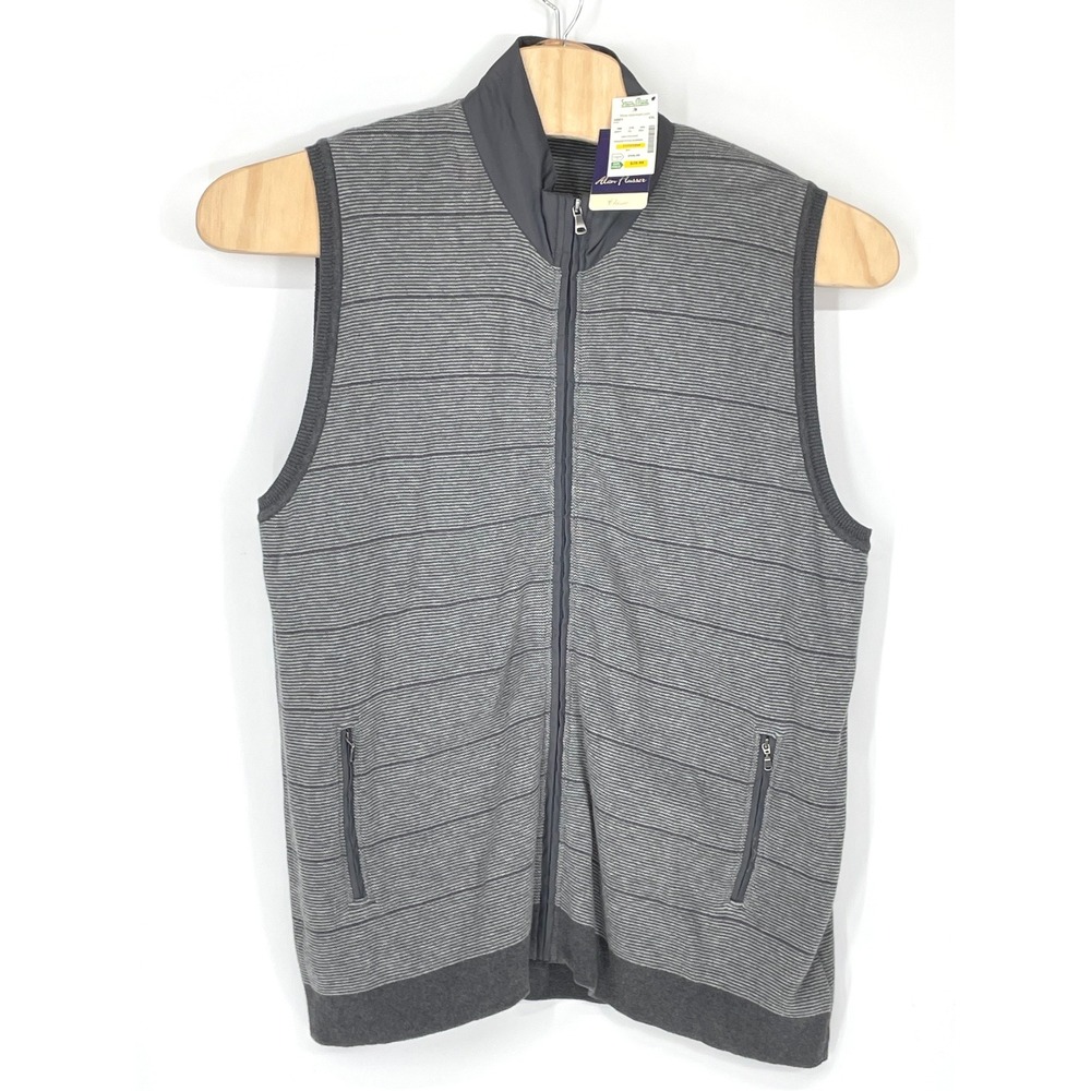 NWT Alan Flusser Mens Vest XXL Full Zip Grey Striped Cotton Mock Neck Pockets